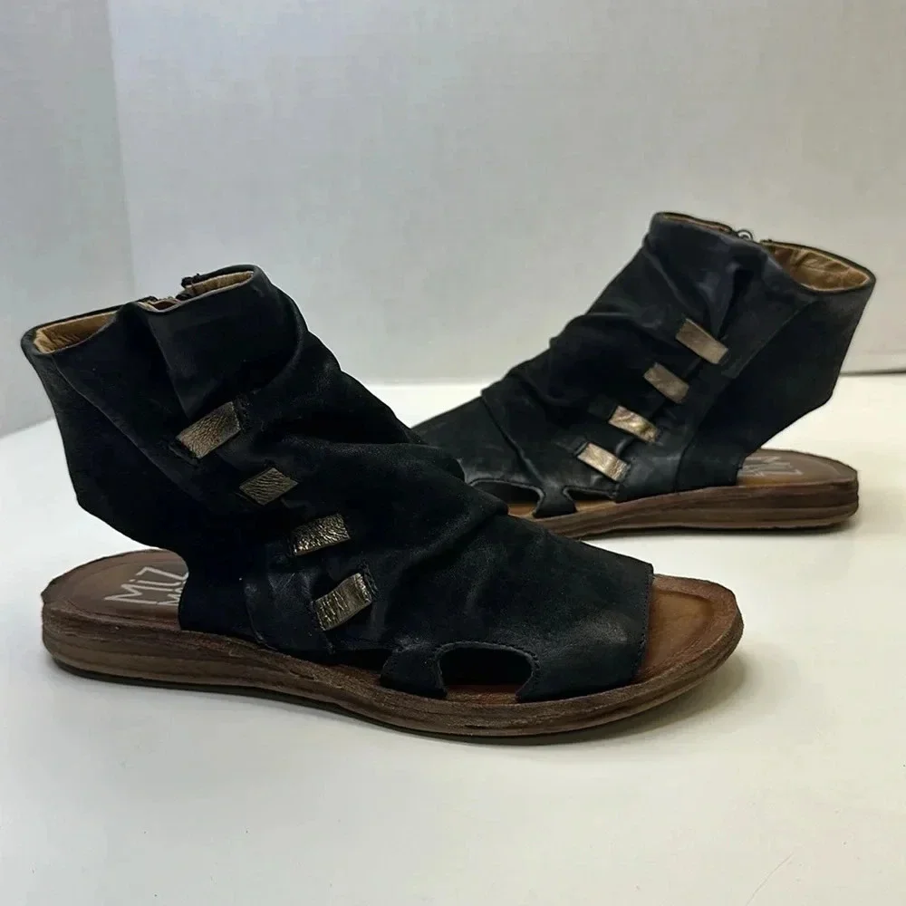 Miz Mooz Fizzy Sandal Open Toe Shoes  Leather Gladiator Black Size 37 US 6.5 - 7